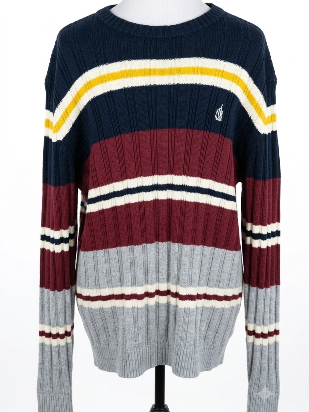 Nautica Ribbed Stripe Crewneck Sweater in Navy, Burgundy, Gray & Yellow
